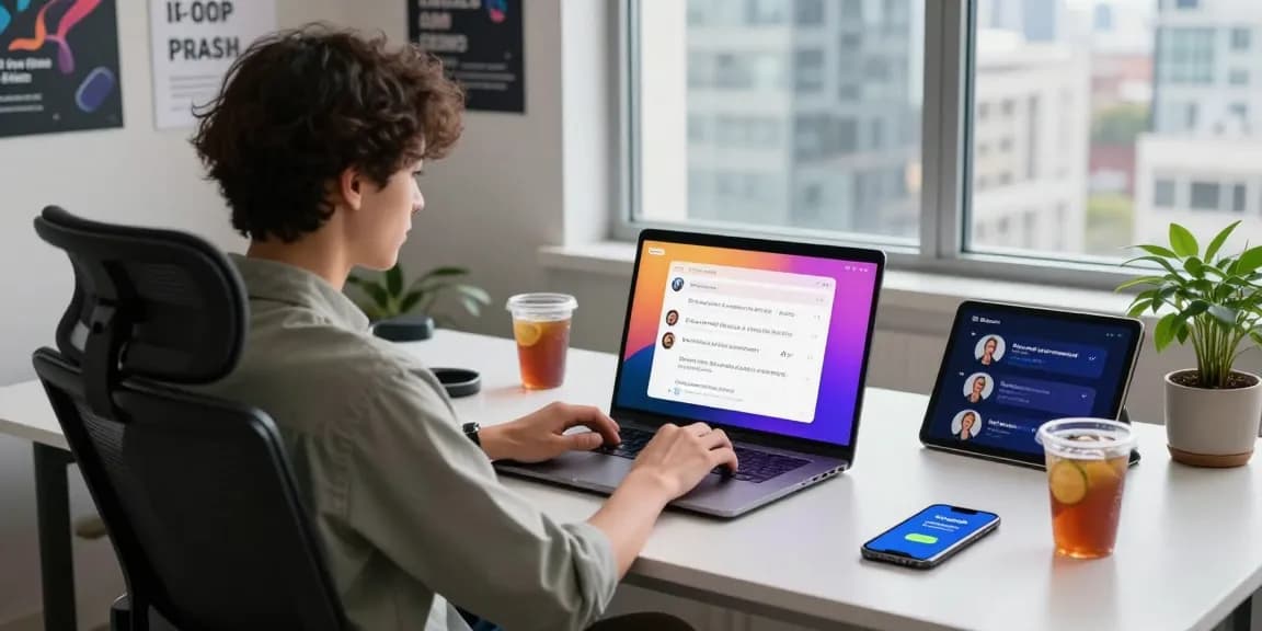 Interactive user chatting with Crush on AI in a modern tech workspace, showcasing vibrant interface.