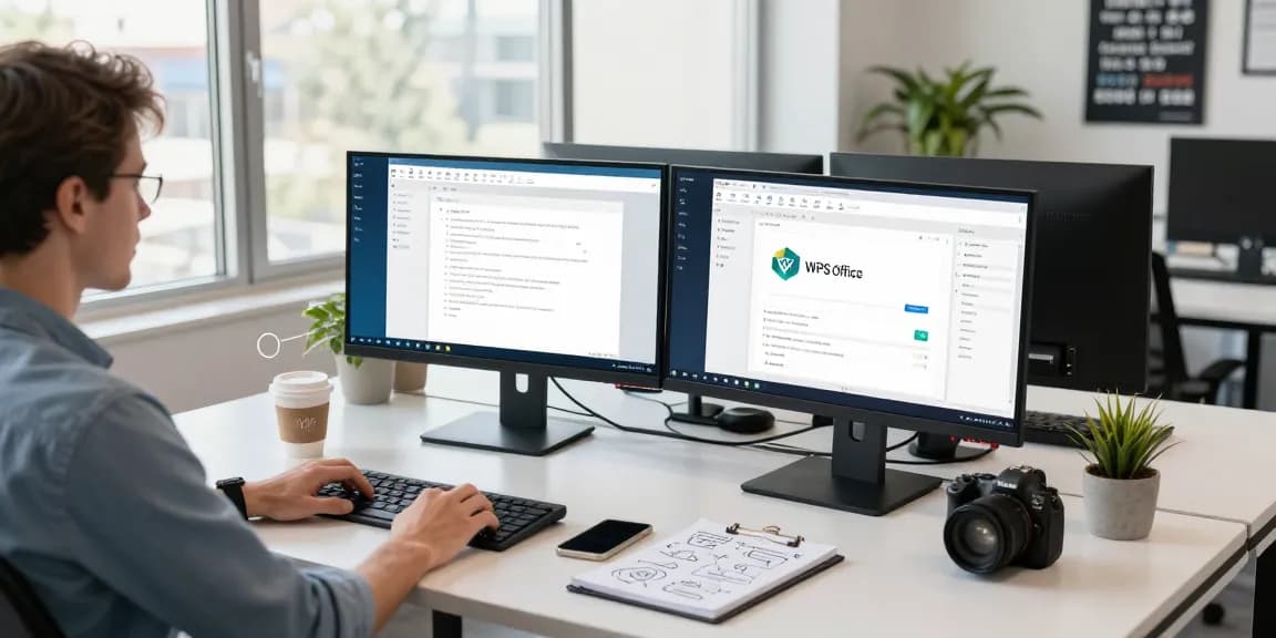 Download WPS Office while working in a vibrant tech office, showcasing productivity tools on multiple screens.