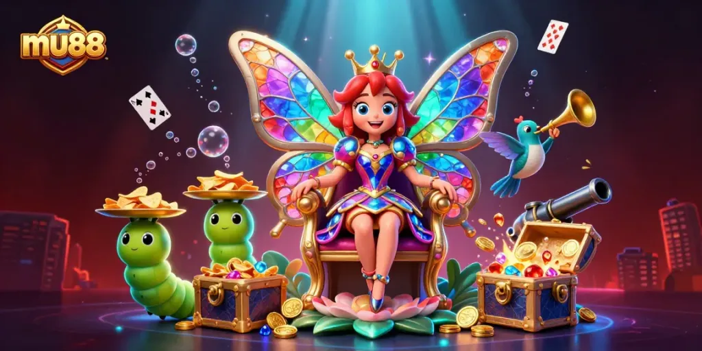 Win at slots with the vibrant mu88 butterfly queen amidst a treasure-filled underwater casino.