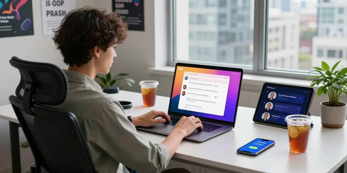 Interactive user chatting with Crush on AI in a modern tech workspace, showcasing vibrant interface.
