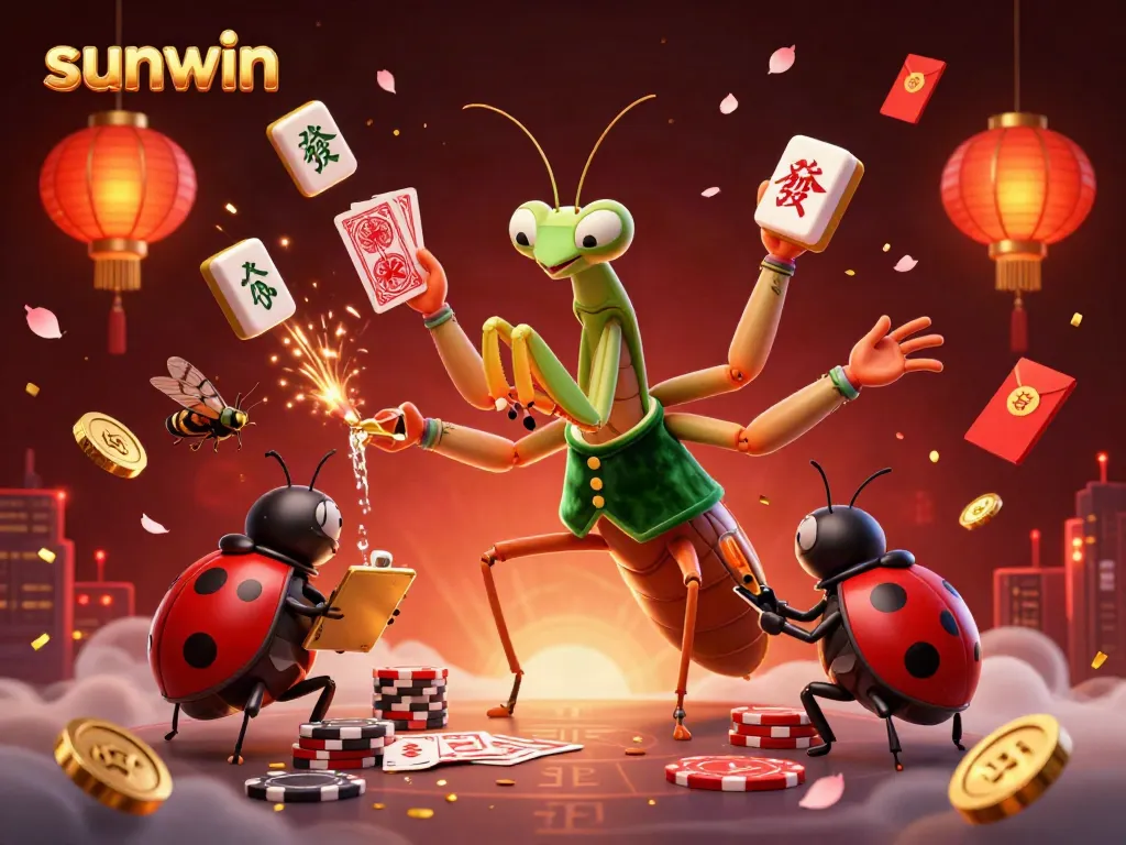Experience the exciting casino atmosphere at sunwin with a lively 3D illustration featuring colorful characters and elements.
