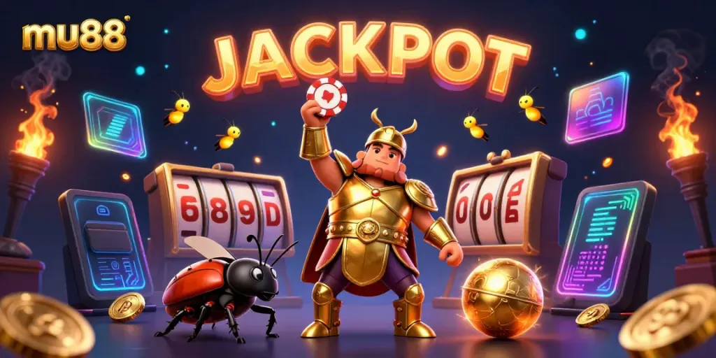 Experience the excitement of mu88 with a lively scene featuring animated characters celebrating a jackpot in a vibrant casino setting.