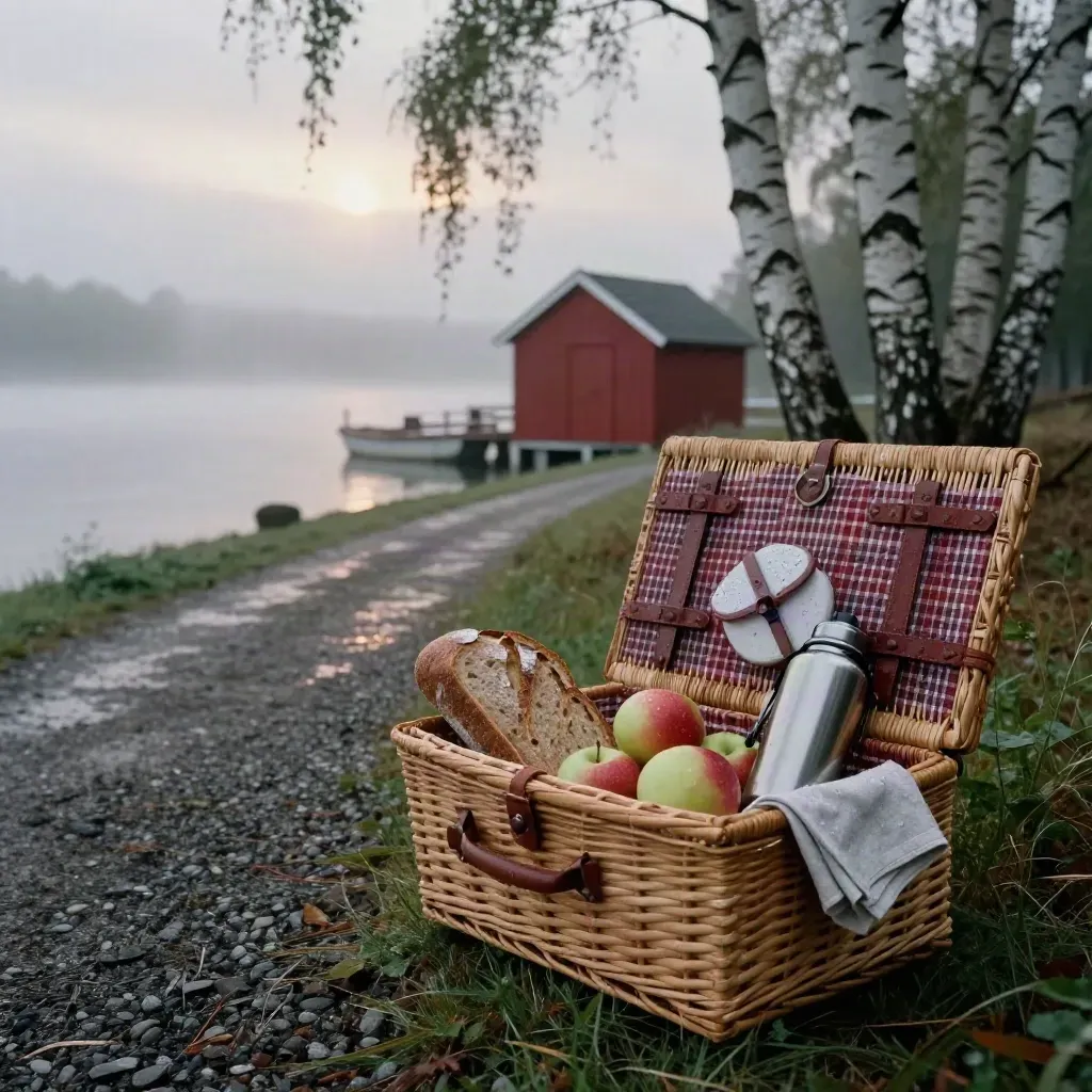 Picknickkorg vid grusväg med björkar, röd sjöbod och dimmig sjö i morgonljus.