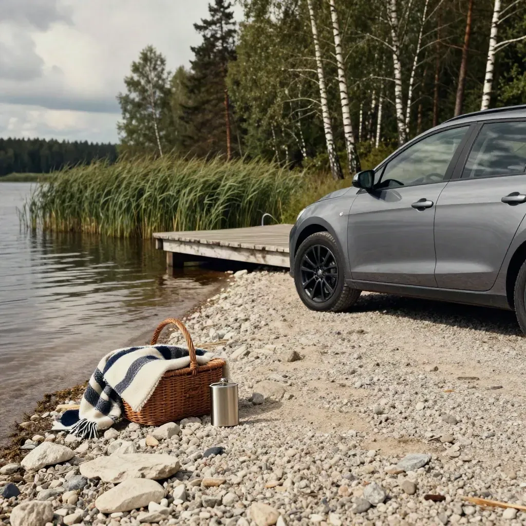 Parkerad hatchback vid en brygga i Värmland med korg, termos och vågor mot stranden.