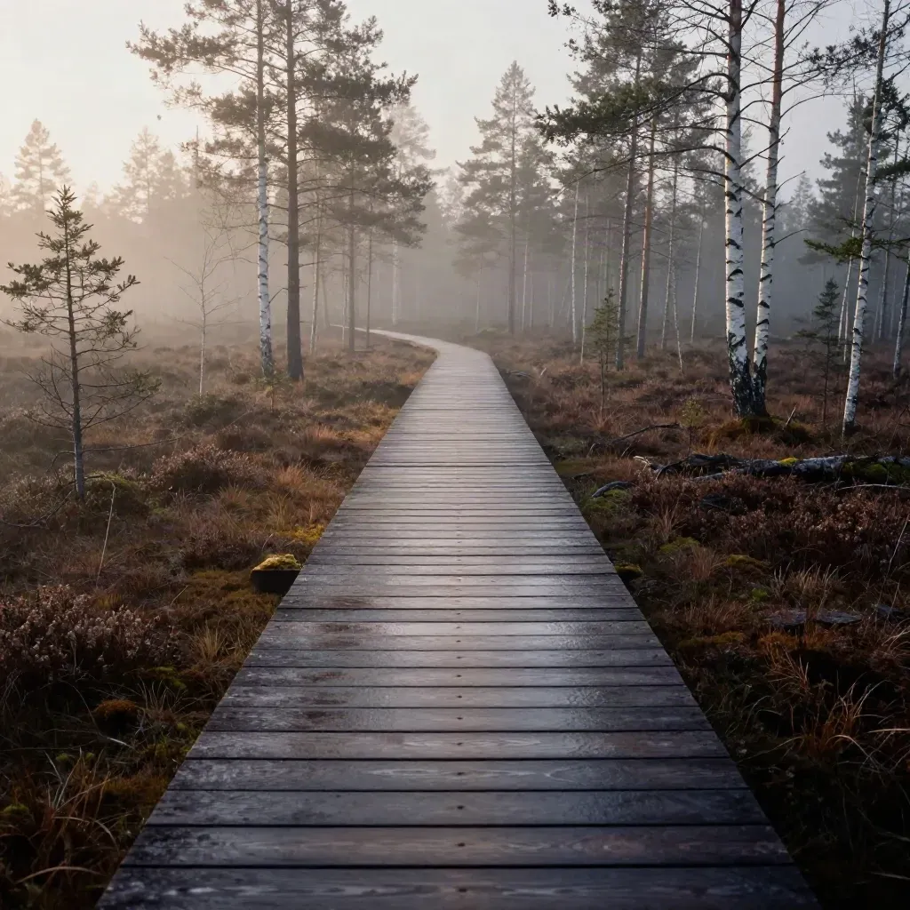 En tom spång i svartgranskog med dimma och ljusa björkar i gryning.