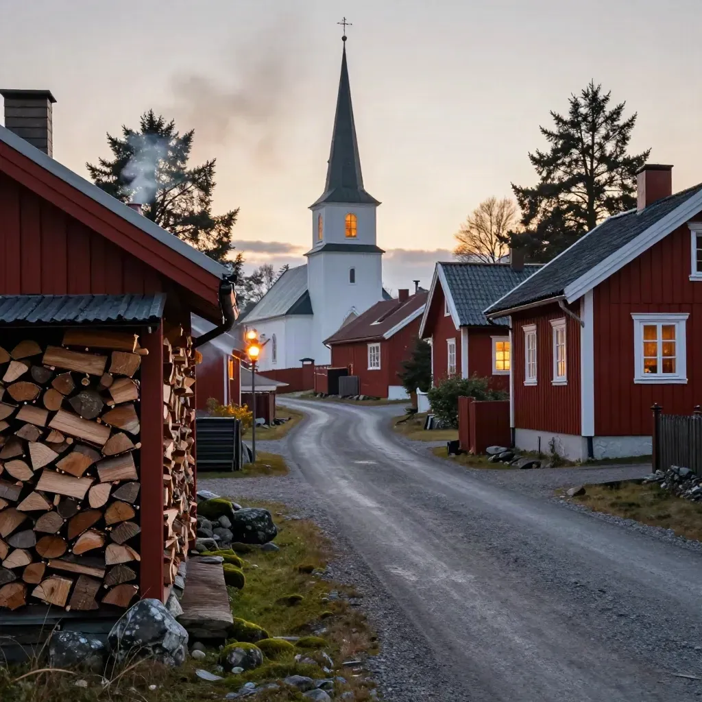 Röd byväg vid Siljan med kyrkspiror, vedstackar och rykande skorstenar i kvällsljus