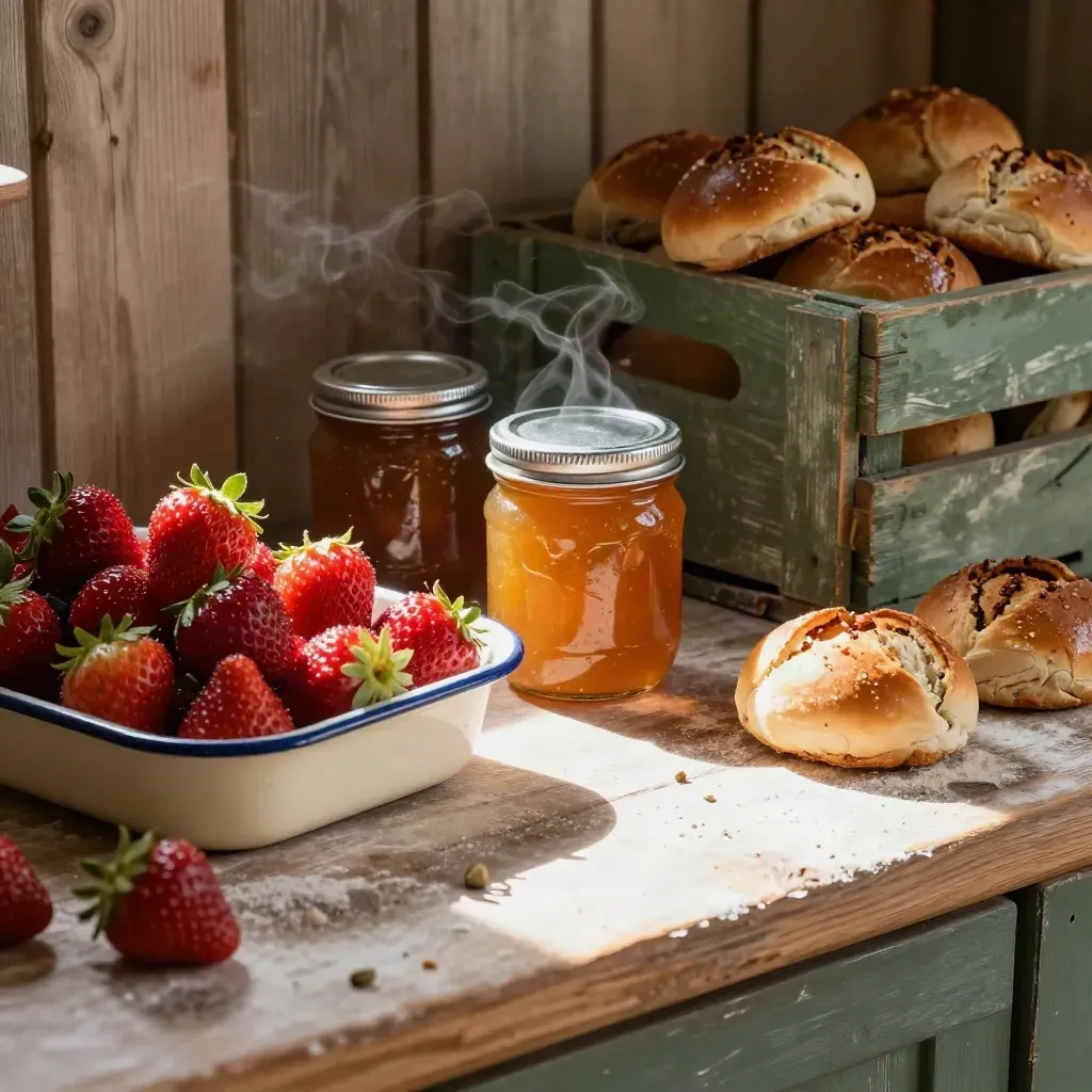 Smålands gårdsbutik med jordgubbar, bullar, syltburkar och grön mjölkback i varmt solljus.