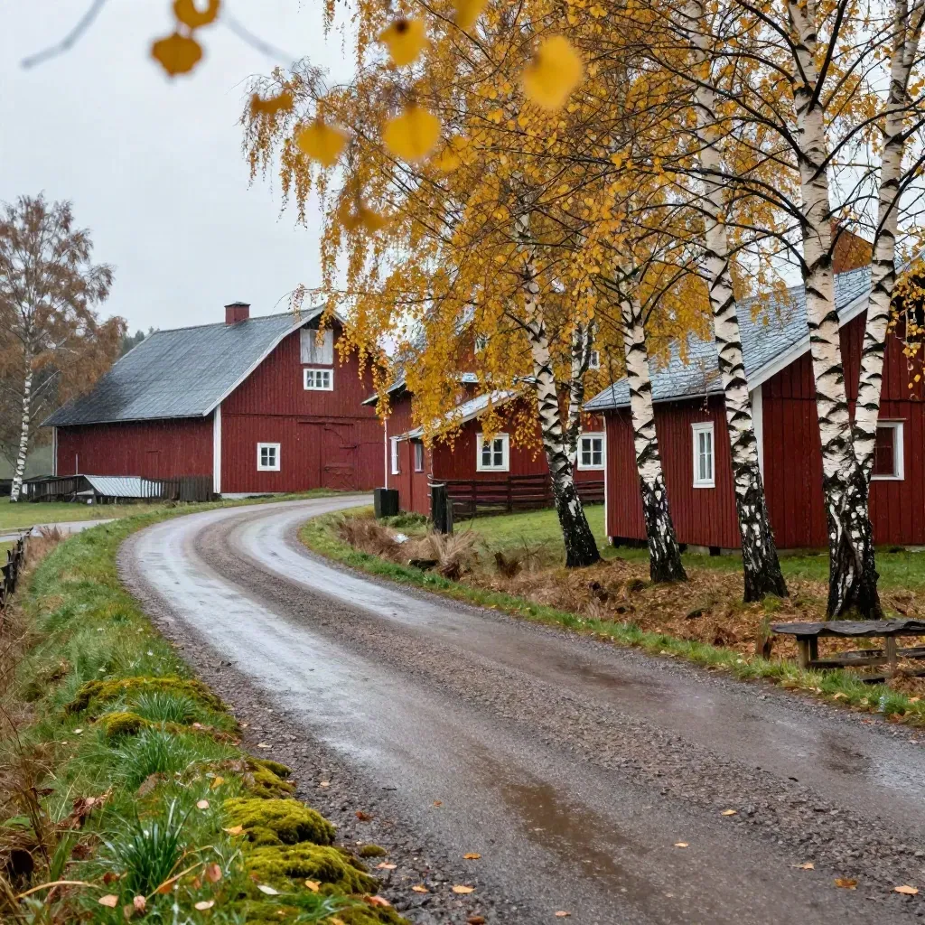 Blåsig gårdsväg i Hälsingland med röd lada, gula björkar och löv som sveps över vägen efter regn.