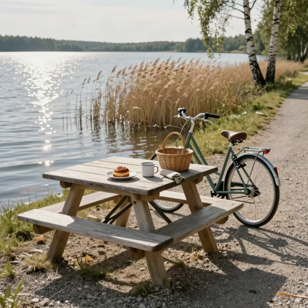 Solig rastplats vid en uppländsk sjö med cykel, picknickbord och vass.