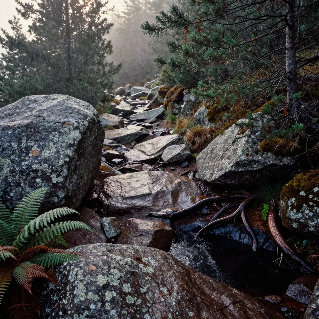 Tivedenspår på våt granit mellan stenar, tallar och en mörk stilla tjärn efter regn.