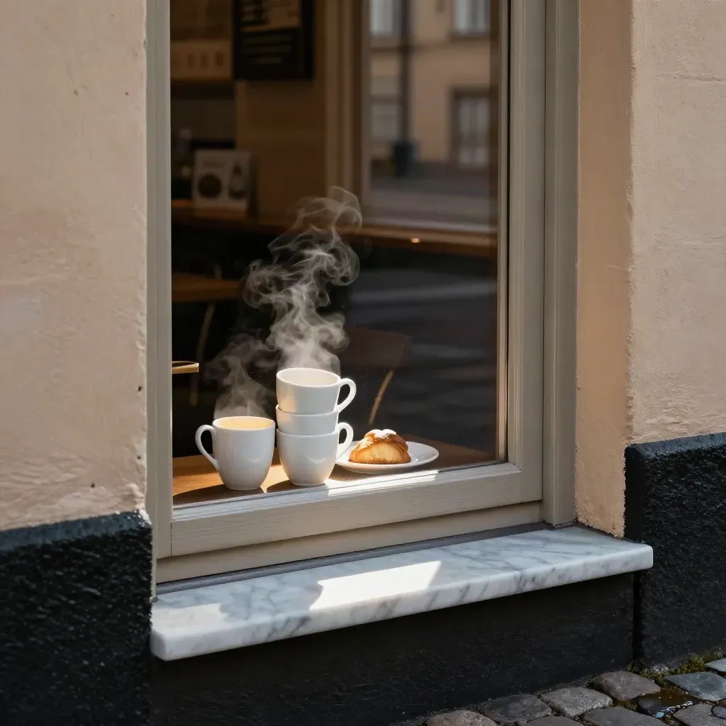 Morgonljus i en bykafédörr med ångande bakelse och staplade koppar.