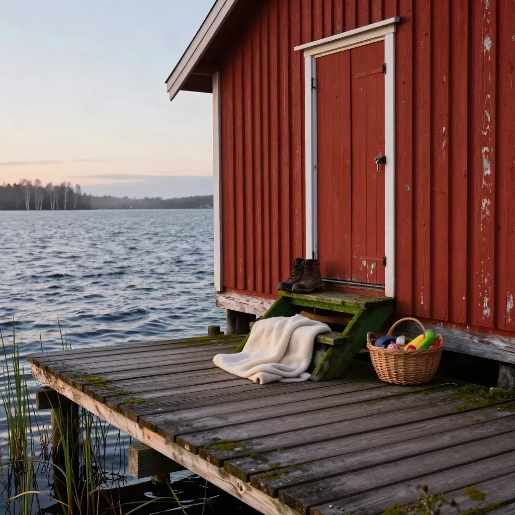 Röd Dalahytt vid brygga med kängor, matkorg och filt i kvällsljus.