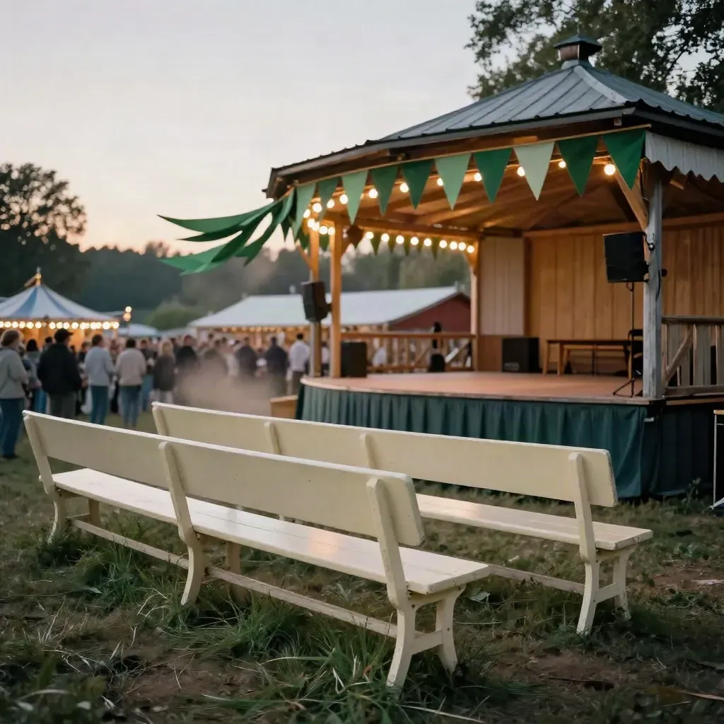 Tomma bänkar och ett upplyst bandstånd på en byfest i kvällsdamm