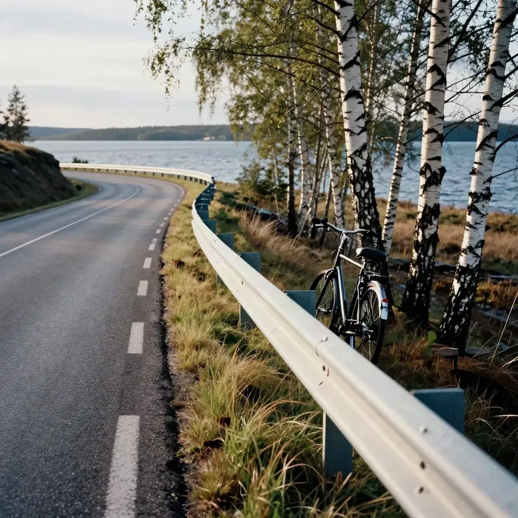 Väg ner mot sjö med vit vägräcke, björkar och en parkerad cykel i kvällsljus.