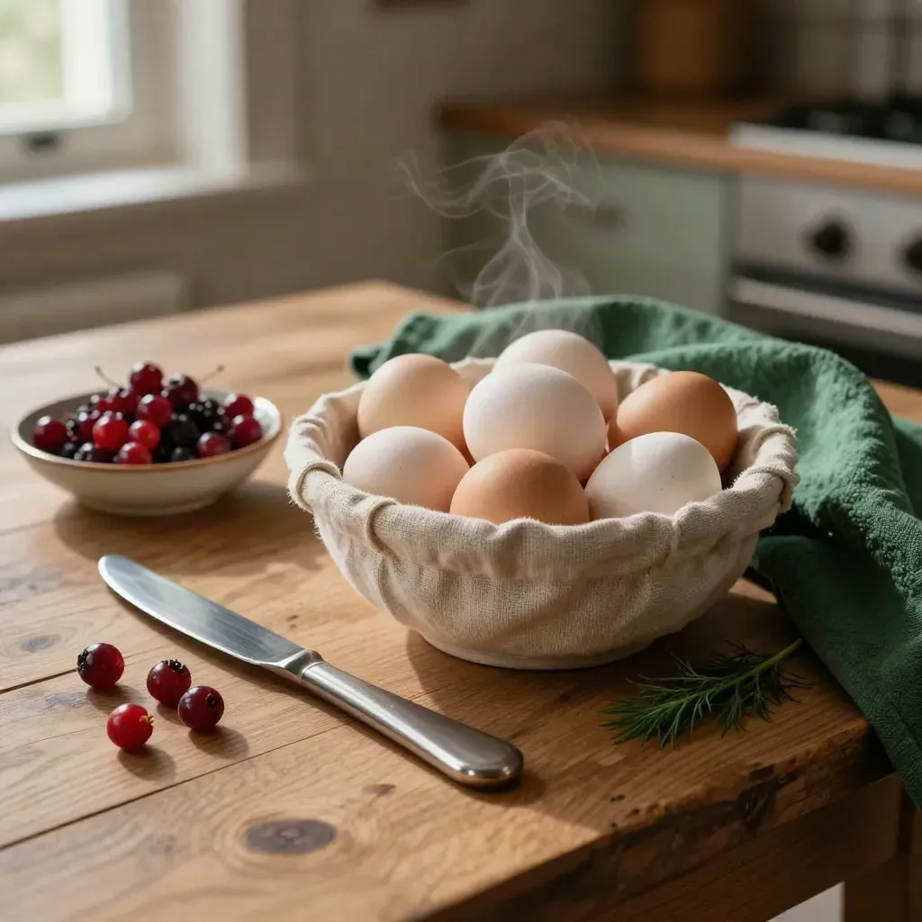Ägg i linnesfodrad skål, bär och smörkniv på slitet köksbord i varmt fönsterljus.