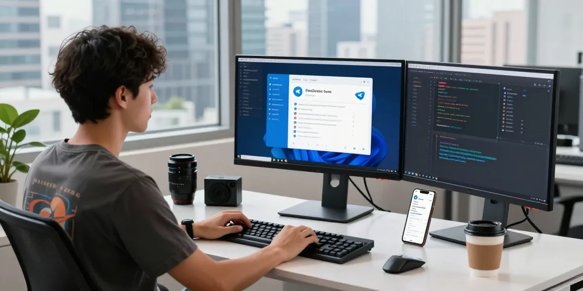 Experience seamless communication with Telegram Download in a modern workspace featuring a developer coding on a desktop.