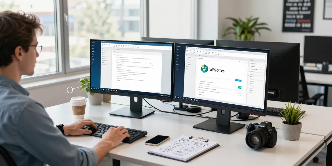 Download WPS Office while working in a vibrant tech office, showcasing productivity tools on multiple screens.