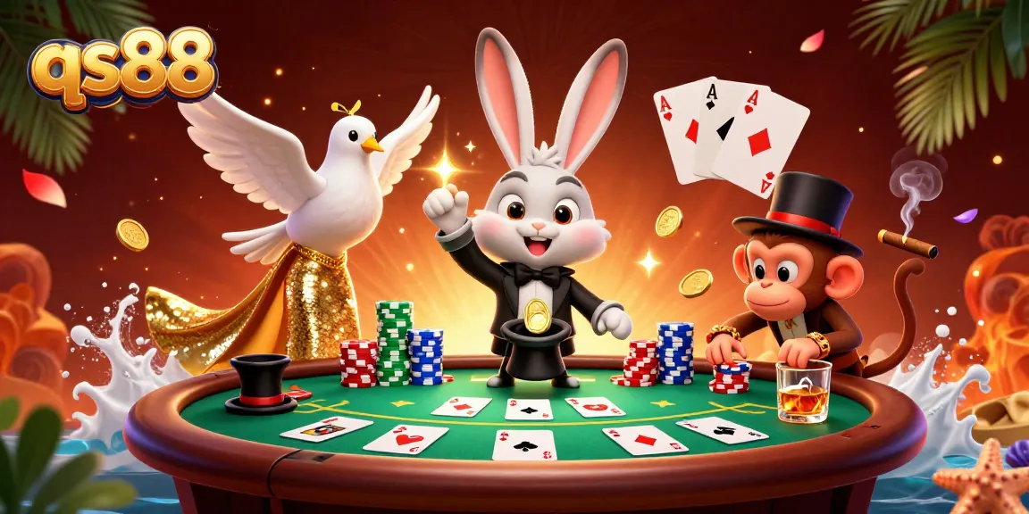Experience the excitement of qs88 with a vibrant illustration of a magician pulling coins, capturing the gaming essence.