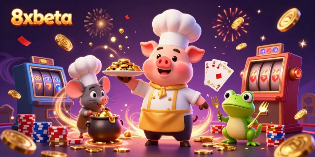 Experience winning action with 8xbeta, featuring vibrant characters with coins and cards in a festive casino setting.