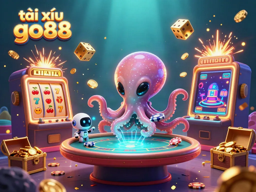 Experience thrilling gameplay with tài xỉu go88 as an alien octopus operates a holographic poker table surrounded by exciting casino elements.