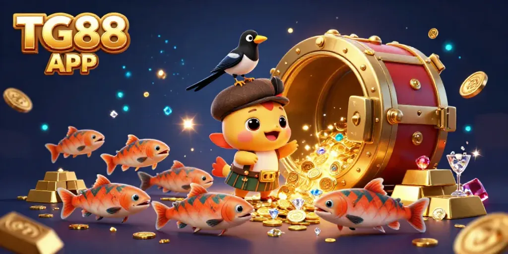 Engage in excitement with TG88 APP's immersive casino experience featuring a playful Loch Ness in a treasure-filled scene.
