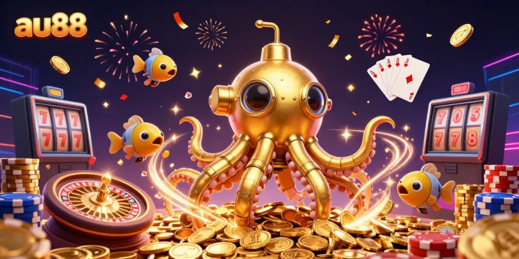 Engage in thrilling gameplay at au88 with a golden kraken submarine amidst casino elements and sparkling gems.
