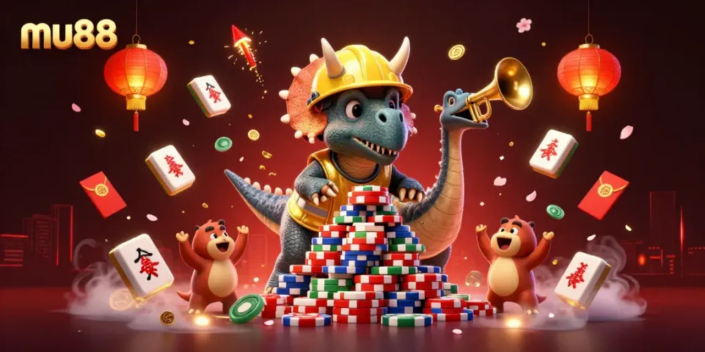 Experience the excitement of mu88 with our playful triceratops building poker chips in a vibrant casino scene.