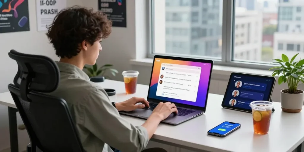 Interactive user chatting with Crush on AI in a modern tech workspace, showcasing vibrant interface.
