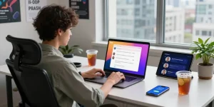 Interactive user chatting with Crush on AI in a modern tech workspace, showcasing vibrant interface.